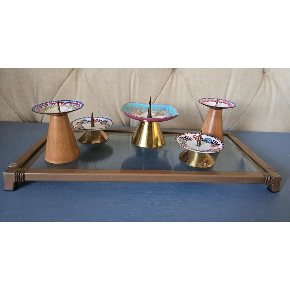 Mid Century Austrian Enamel Candle Holders Set 5 Tray Handmade Vintage Steinbock